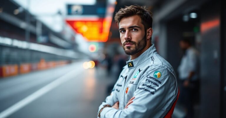 Vue du paddock grand prix avec équipes techniques et voitures de course en préparation, ambiance VIP