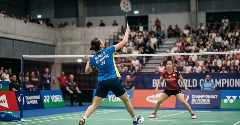 Joueur de badminton en action lors du Championnat du Monde de badminton
