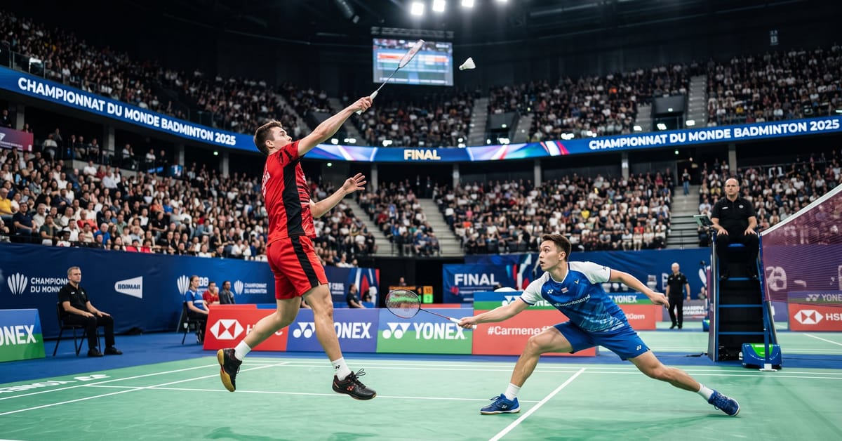 Championnat du monde de badminton 2025 : joueur en pleine action sur le court central
