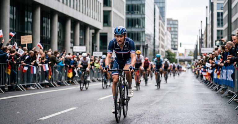 Cycliste en plein effort lors du championnat du monde de cyclisme sur route