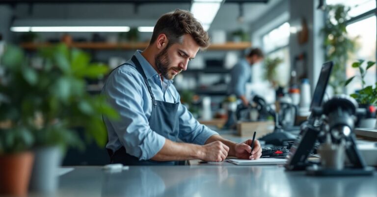 Mécanicien effectuant un entretien auto express rapide sur un véhicule moderne en atelier
